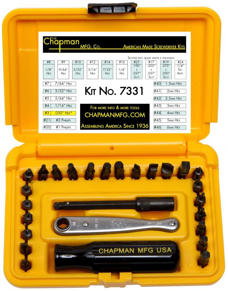 Includes Phillips Chapman MFG 5573 Deluxe 25 Piece Standard and Metric Allen Hex Mini Ratchet and Screwdriver Set Standard and Metric Hex Bits Plus Added 2 Inch Extension Slotted 